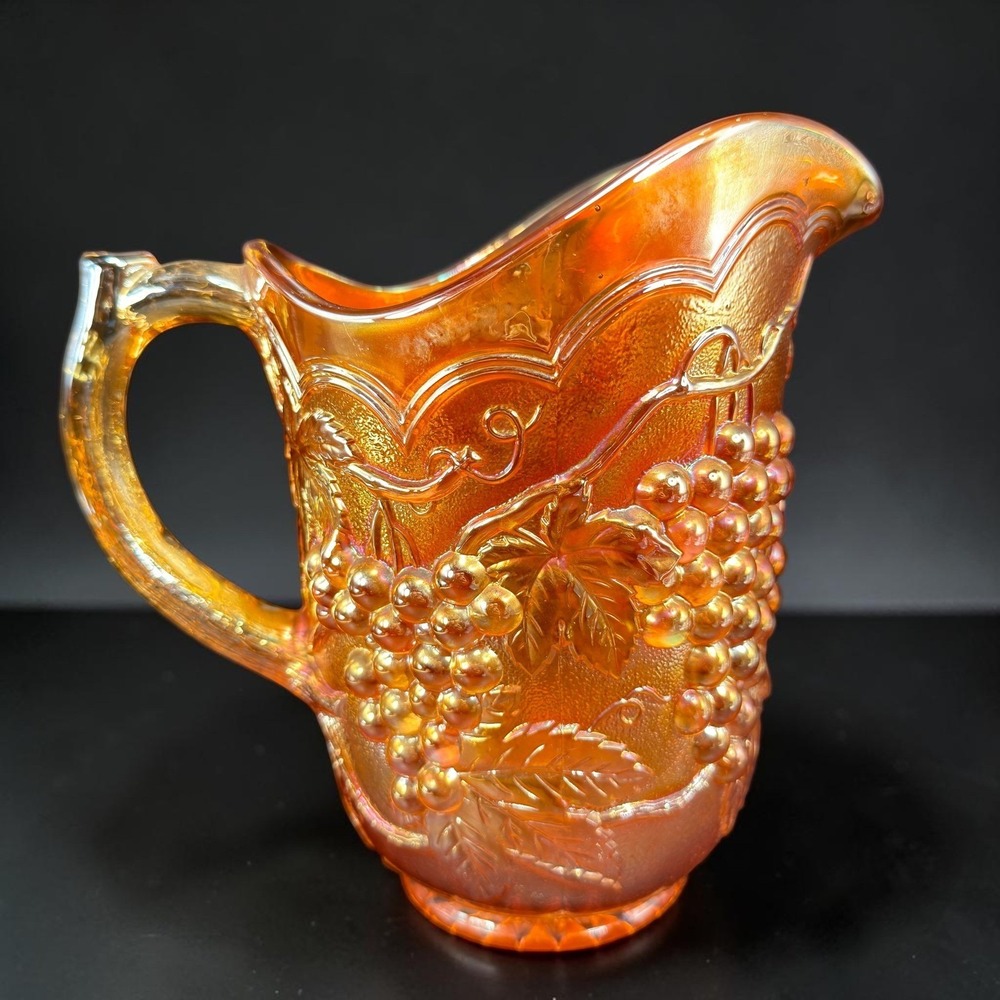 Vintage Marigold Carnival Glass Pitcher Grape and Cable Iridescent Orange 8in